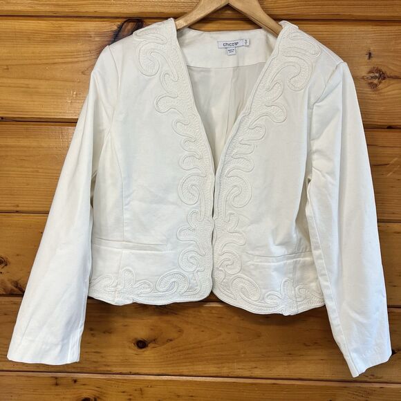 Chico's Jackets & Blazers - Chico's Collarless Longsleeve Soutache-Trim Jacket White Sz 10 MSRP $179.50